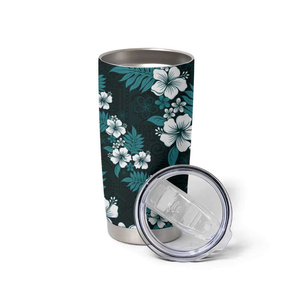 Hawaiian Hibiscus Tribal Floral Teal Tumbler Cup Polynesian Tapa Pattern LT01 - Polynesian Pride
