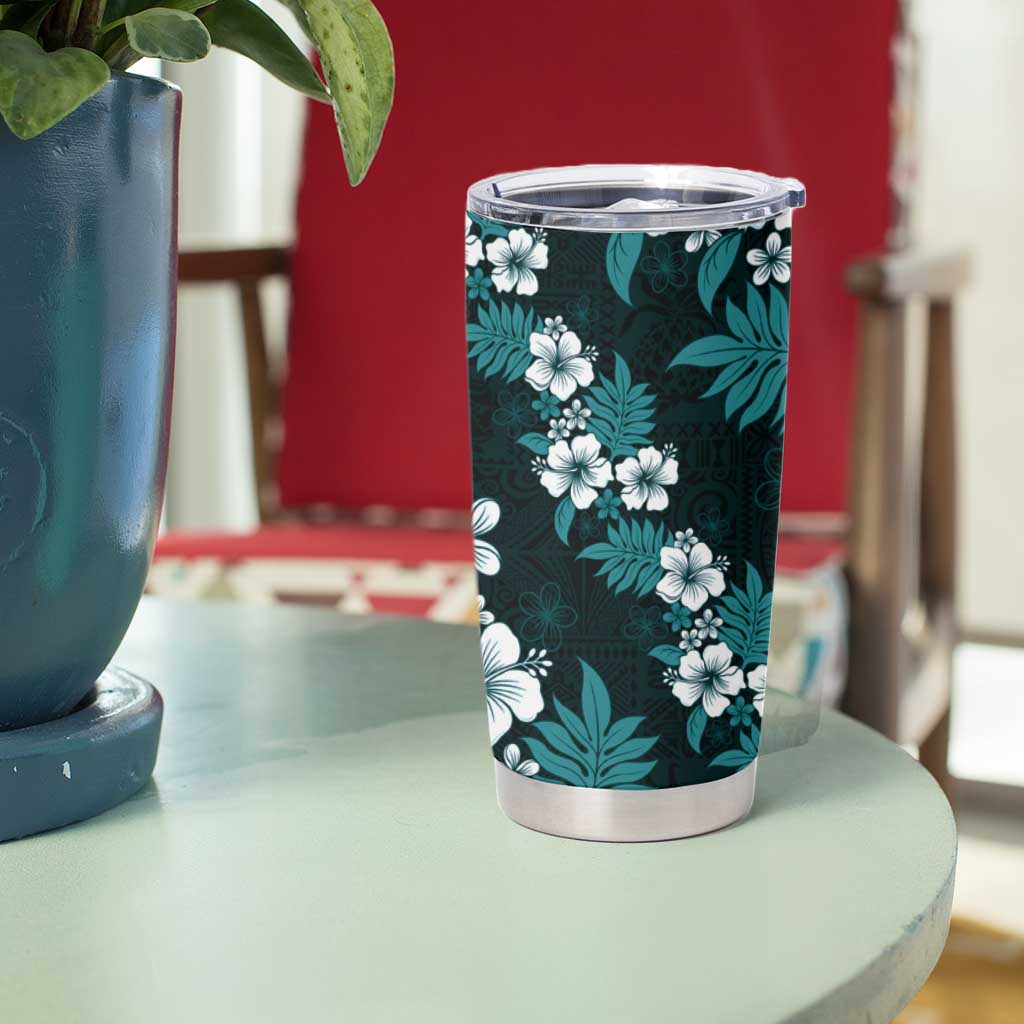Hawaiian Hibiscus Tribal Floral Teal Tumbler Cup Polynesian Tapa Pattern LT01 - Polynesian Pride