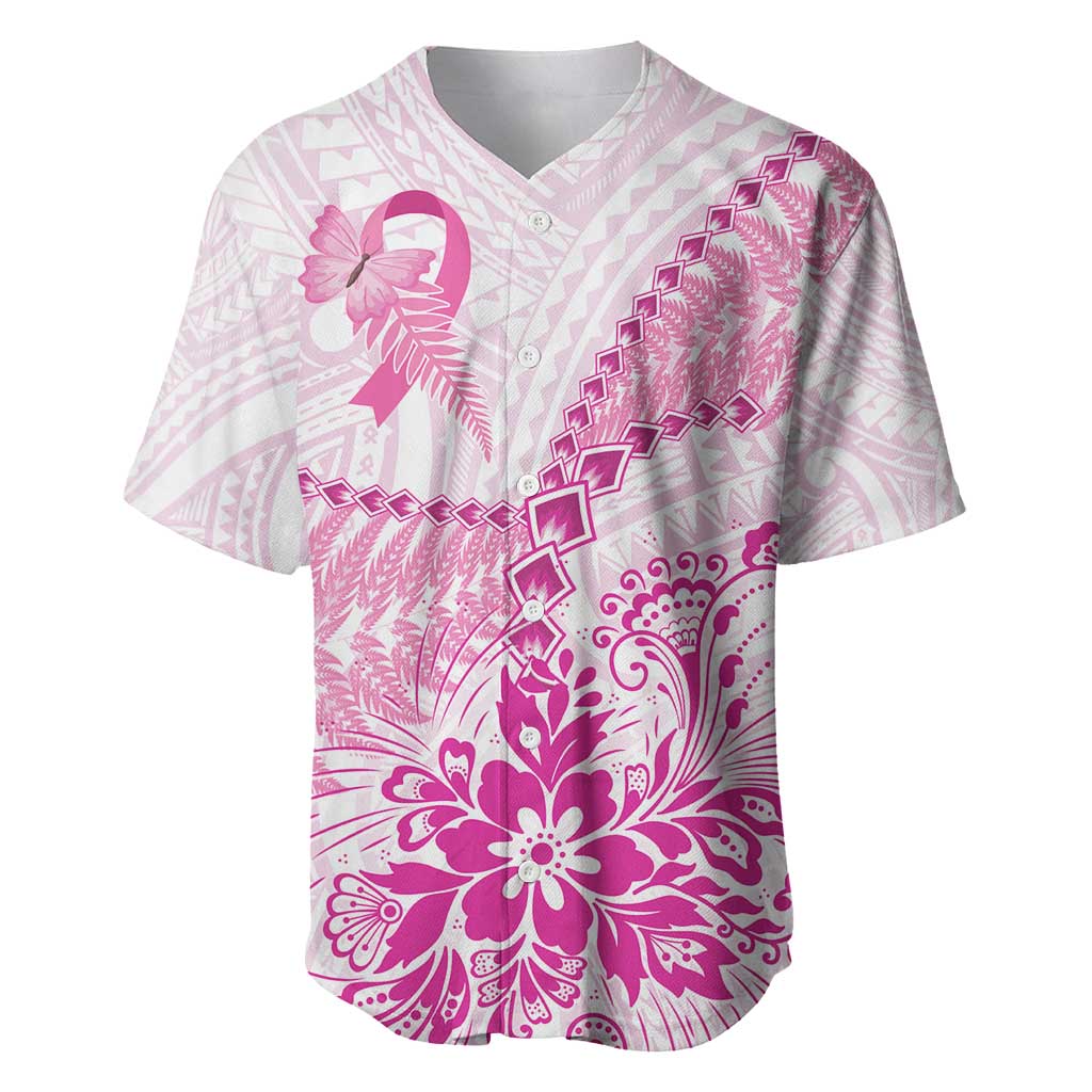 Personalised New Zealand Pink Fern Breast Cancer Baseball Jersey Polynesian Pattern