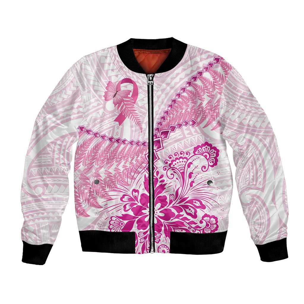 Personalised New Zealand Pink Fern Breast Cancer Bomber Jacket Polynesian Pattern