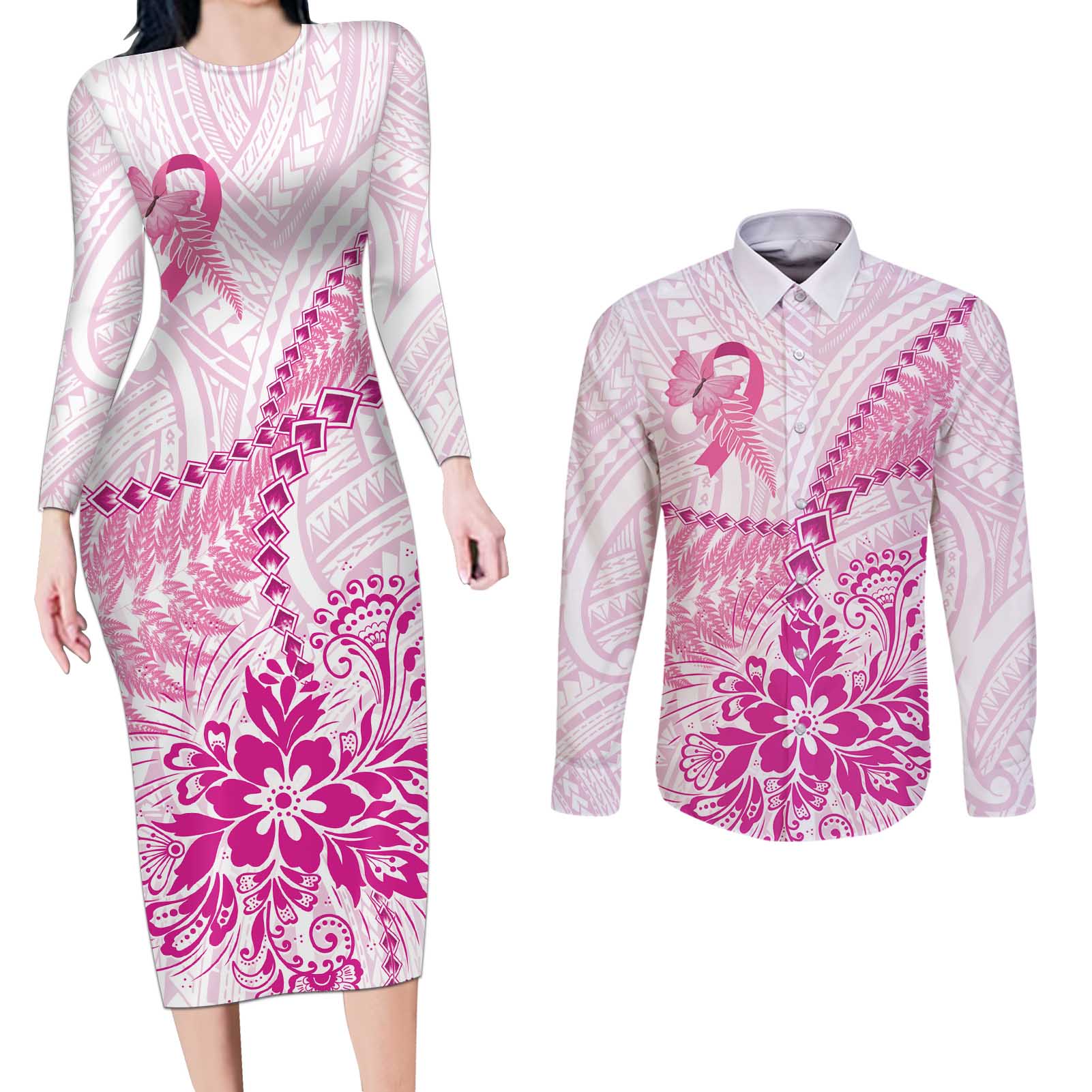 Personalised New Zealand Pink Fern Breast Cancer Couples Matching Long Sleeve Bodycon Dress and Long Sleeve Button Shirt Polynesian Pattern