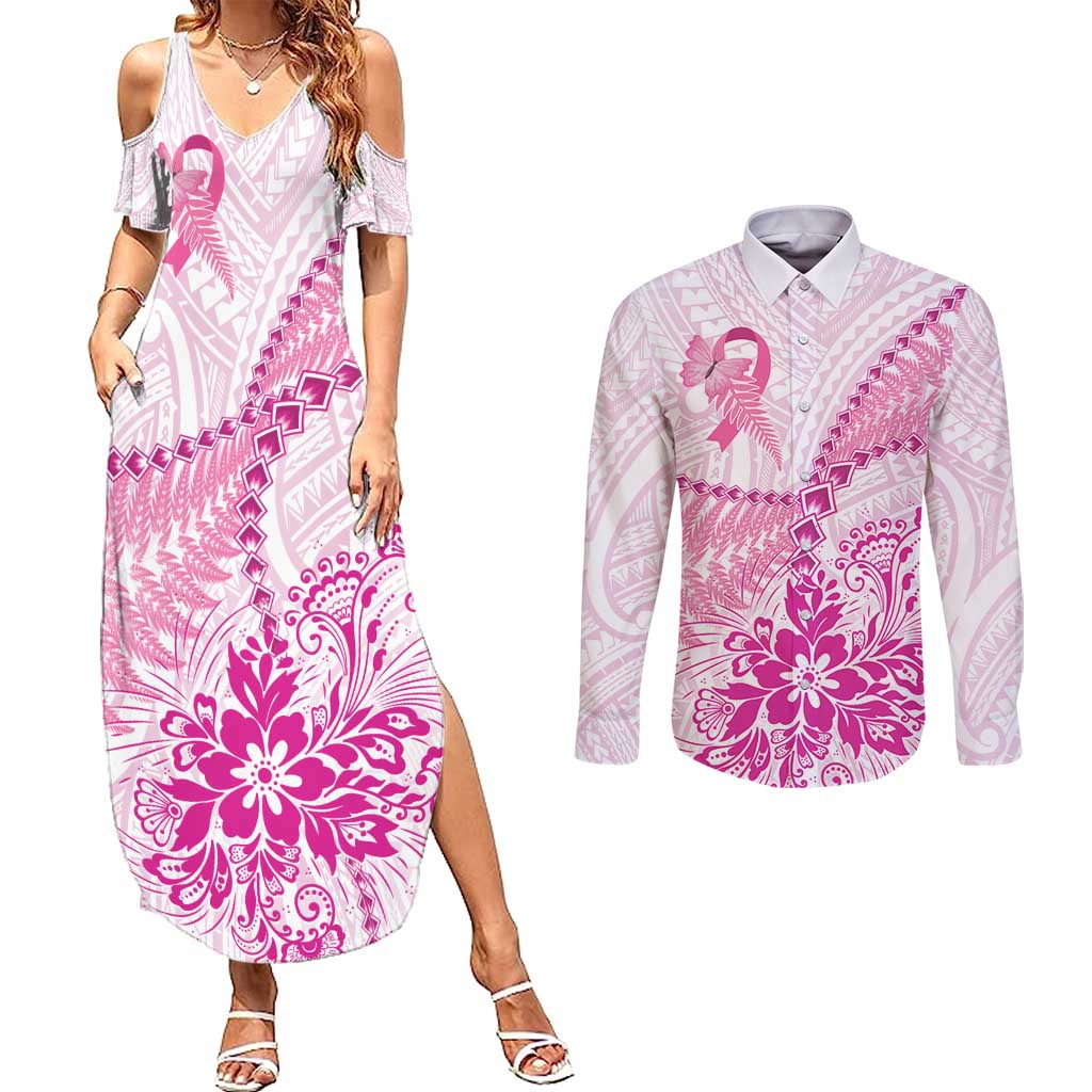 Personalised New Zealand Pink Fern Breast Cancer Couples Matching Summer Maxi Dress and Long Sleeve Button Shirt Polynesian Pattern