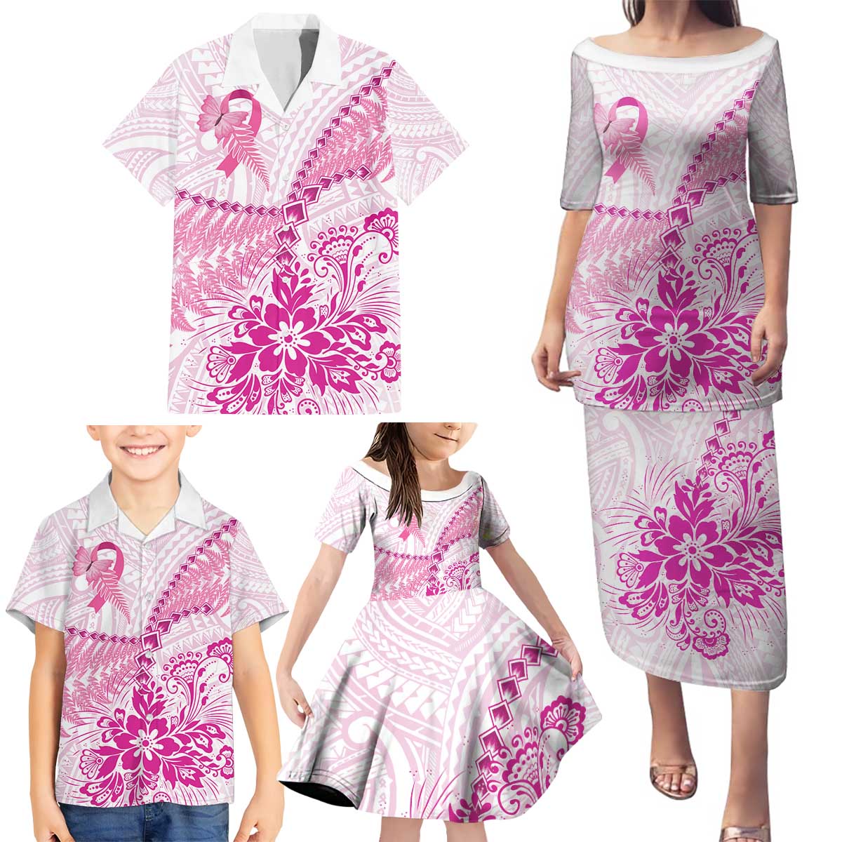 Personalised New Zealand Pink Fern Breast Cancer Family Matching Puletasi and Hawaiian Shirt Polynesian Pattern