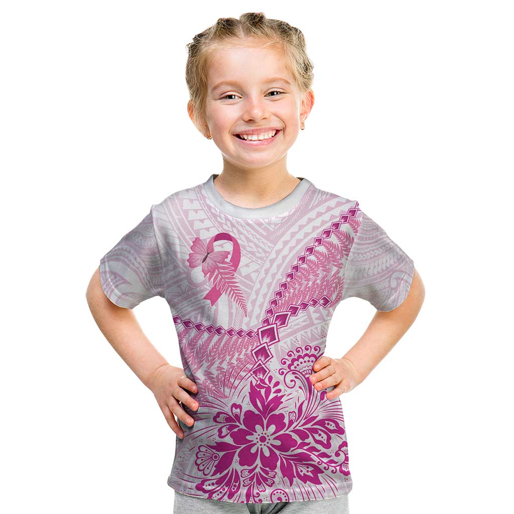 Personalised New Zealand Pink Fern Breast Cancer Kid T Shirt Polynesian Pattern