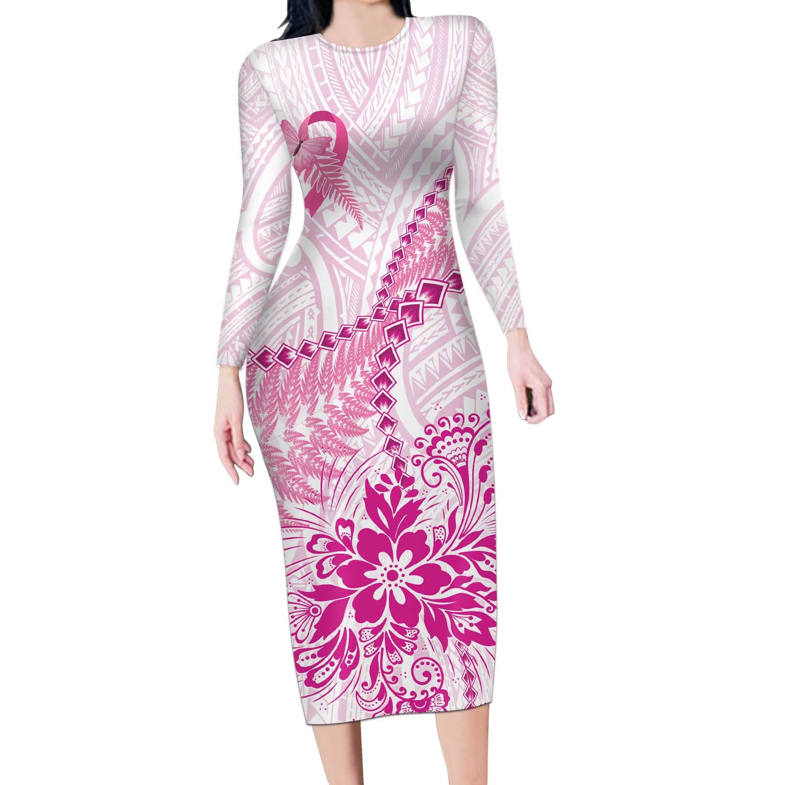 Personalised New Zealand Pink Fern Breast Cancer Long Sleeve Bodycon Dress Polynesian Pattern