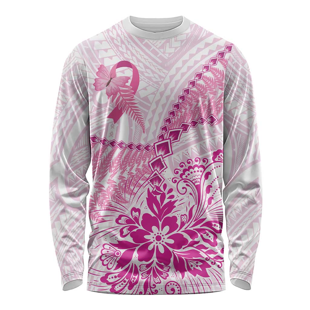 Personalised New Zealand Pink Fern Breast Cancer Long Sleeve Shirt Polynesian Pattern