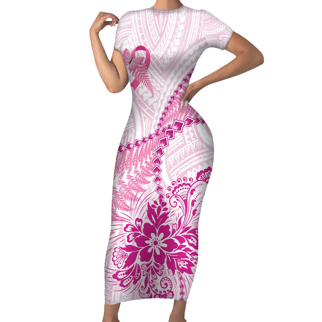 Personalised New Zealand Pink Fern Breast Cancer Short Sleeve Bodycon Dress Polynesian Pattern