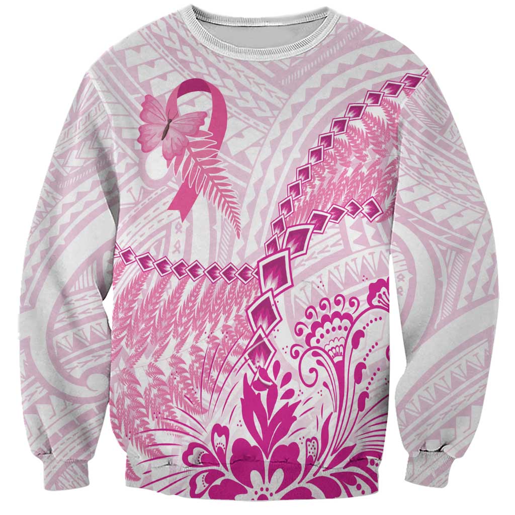 Personalised New Zealand Pink Fern Breast Cancer Sweatshirt Polynesian Pattern