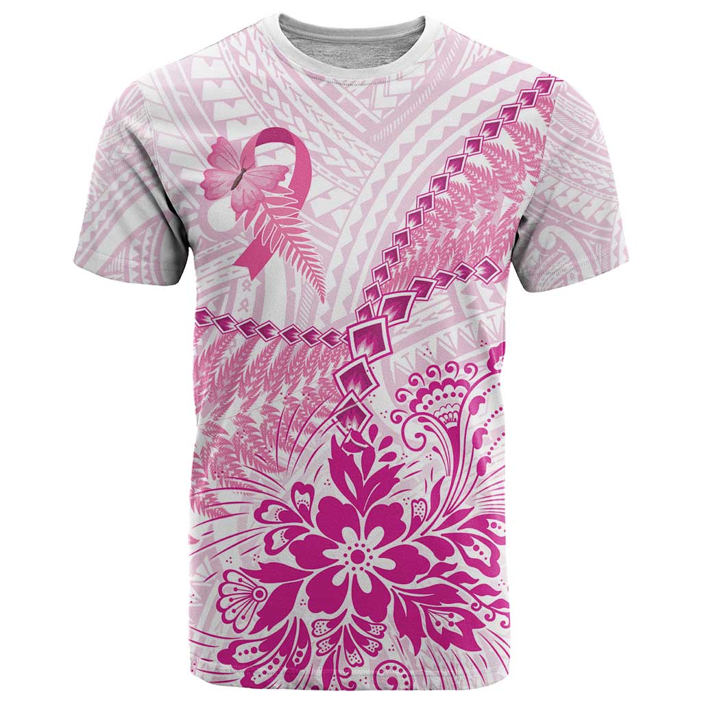 Personalised New Zealand Pink Fern Breast Cancer T Shirt Polynesian Pattern