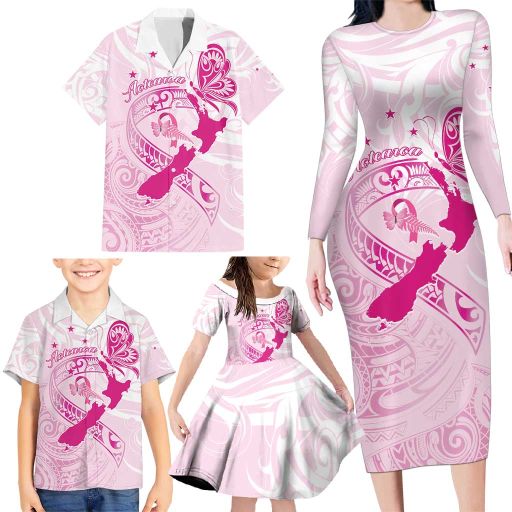 Personalised Aotearoa Breast Cancer Family Matching Long Sleeve Bodycon Dress and Hawaiian Shirt New Zealand Maori Pattern