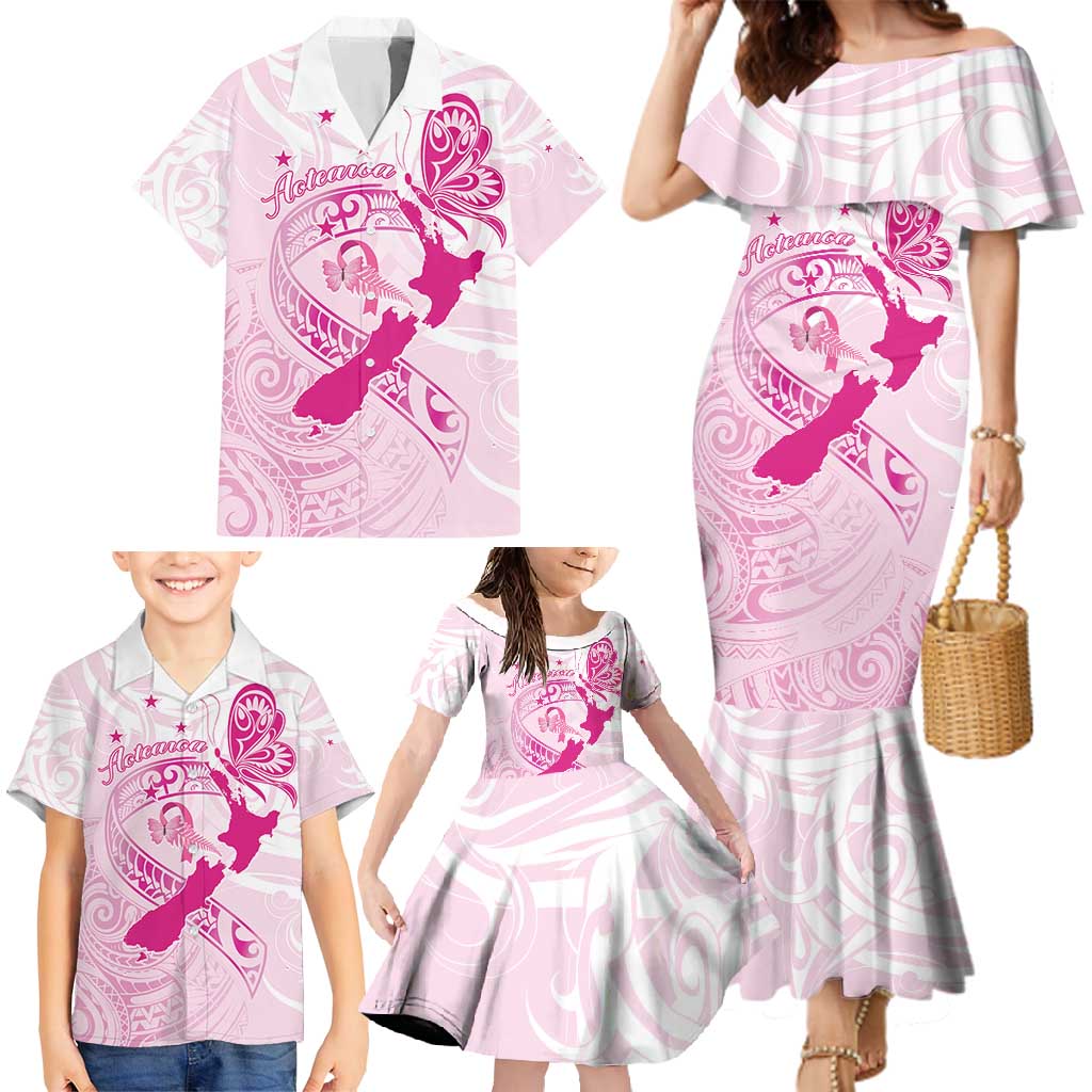 Personalised Aotearoa Breast Cancer Family Matching Mermaid Dress and Hawaiian Shirt New Zealand Maori Pattern