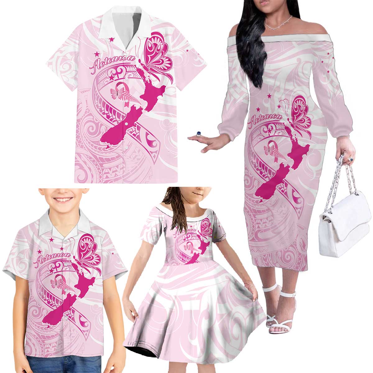 Personalised Aotearoa Breast Cancer Family Matching Off The Shoulder Long Sleeve Dress and Hawaiian Shirt New Zealand Maori Pattern