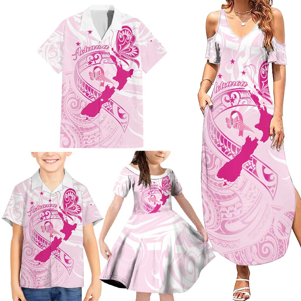 Personalised Aotearoa Breast Cancer Family Matching Summer Maxi Dress and Hawaiian Shirt New Zealand Maori Pattern