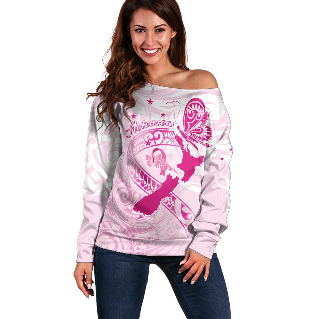 Personalised Aotearoa Breast Cancer Off Shoulder Sweater New Zealand Maori Pattern LT01 Women Pink - Polynesian Pride
