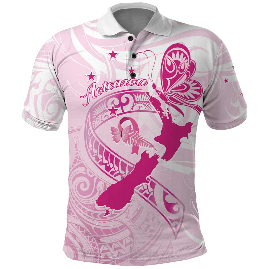 Personalised Aotearoa Breast Cancer Polo Shirt New Zealand Maori Pattern