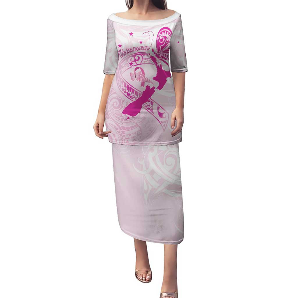 Personalised Aotearoa Breast Cancer Puletasi New Zealand Maori Pattern LT01 Long Dress Pink - Polynesian Pride