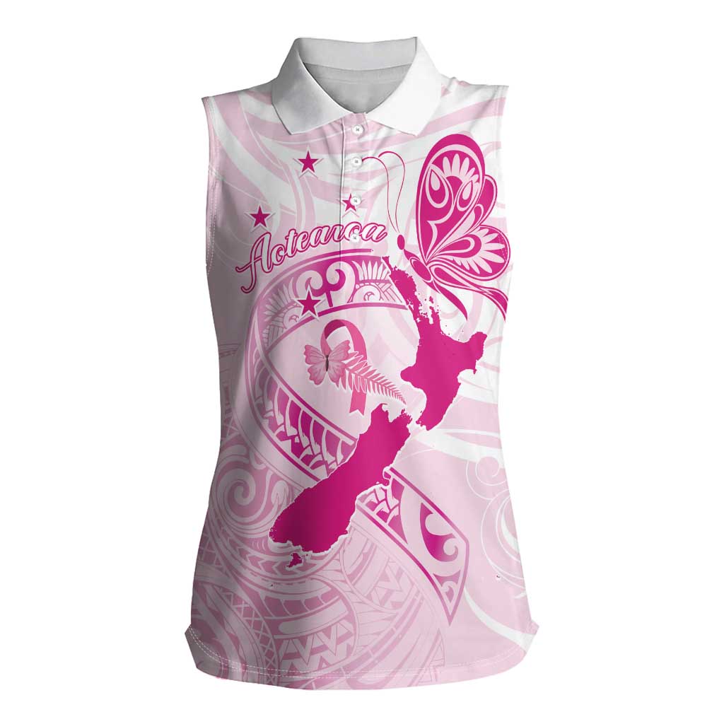 Personalised Aotearoa Breast Cancer Women Sleeveless Polo Shirt New Zealand Maori Pattern