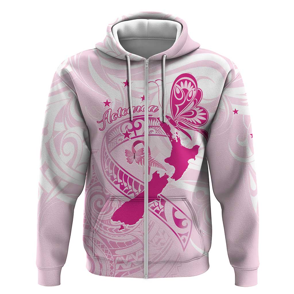 Personalised Aotearoa Breast Cancer Zip Hoodie New Zealand Maori Pattern LT01 Zip Hoodie Pink - Polynesian Pride