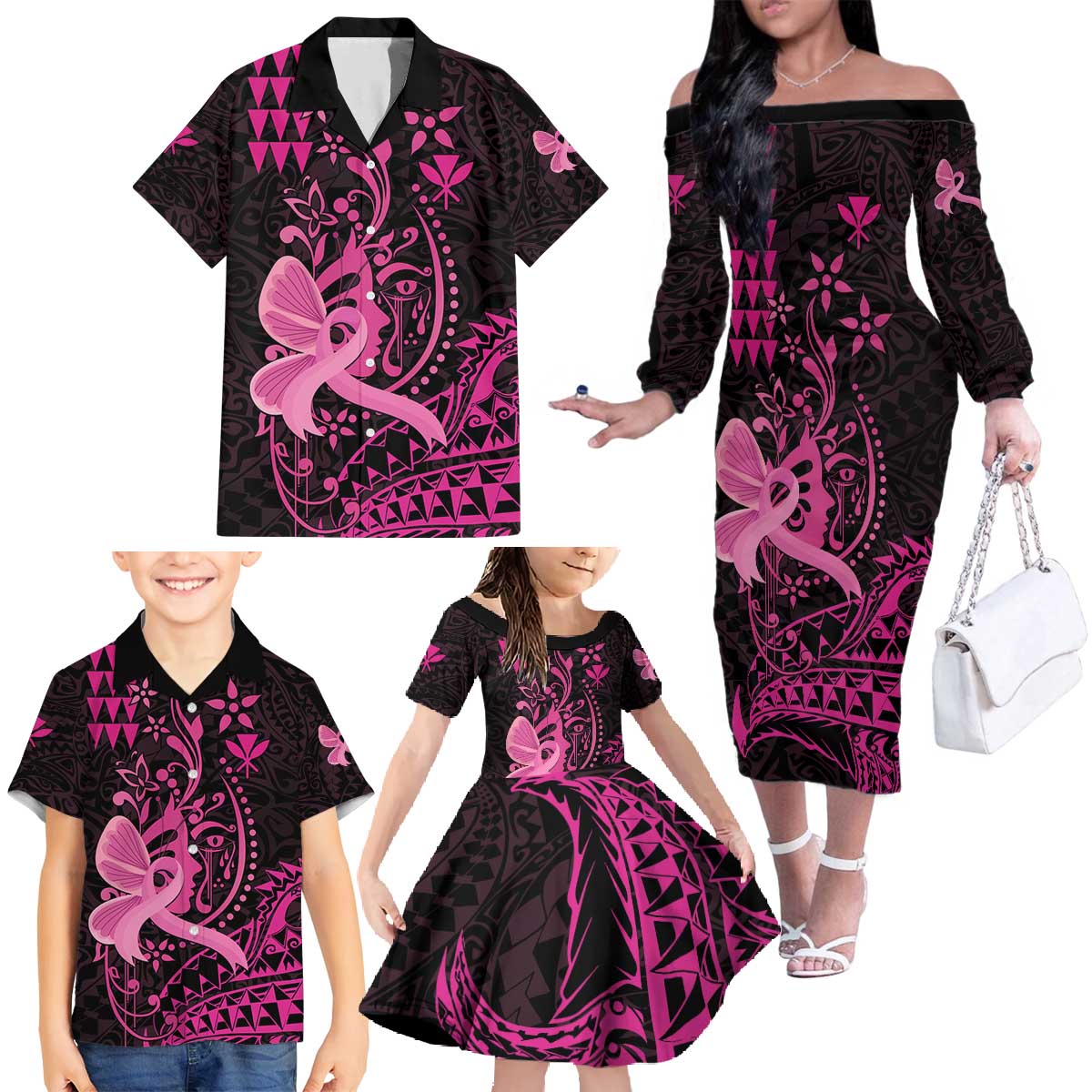 Hawaii Breast Cancer Family Matching Off The Shoulder Long Sleeve Dress and Hawaiian Shirt Girl Floral Kakau Pattern