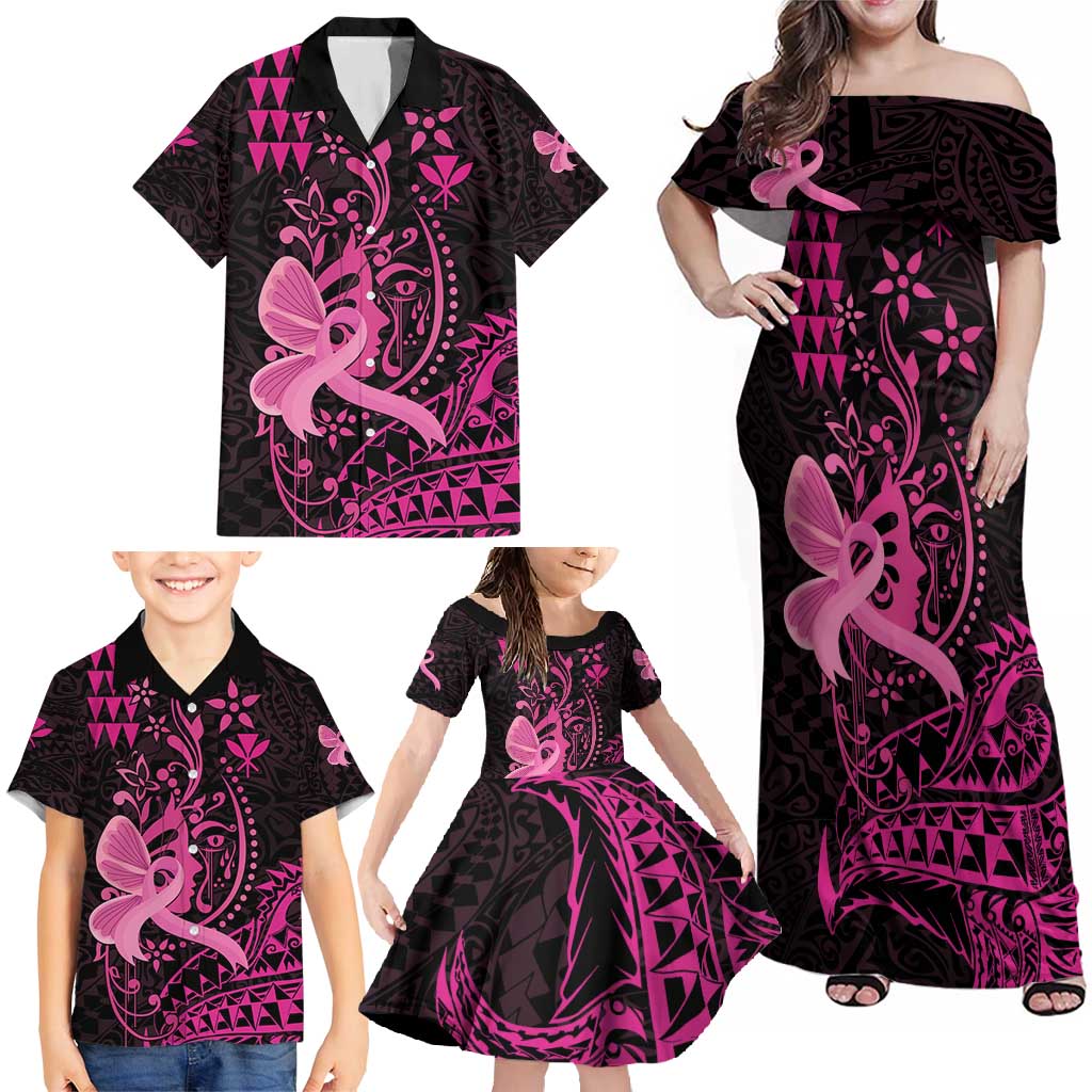 Hawaii Breast Cancer Family Matching Off Shoulder Maxi Dress and Hawaiian Shirt Girl Floral Kakau Pattern