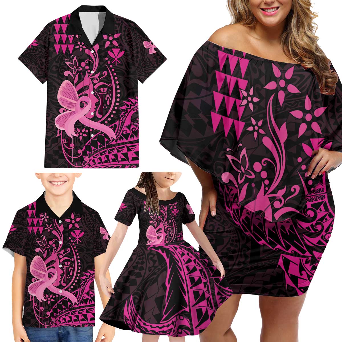 Hawaii Breast Cancer Family Matching Off Shoulder Short Dress and Hawaiian Shirt Girl Floral Kakau Pattern