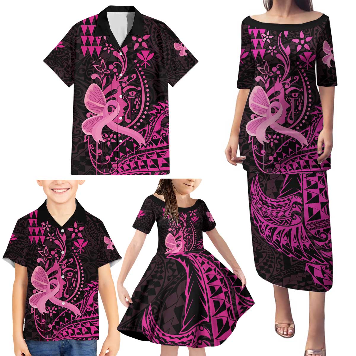 Hawaii Breast Cancer Family Matching Puletasi and Hawaiian Shirt Girl Floral Kakau Pattern