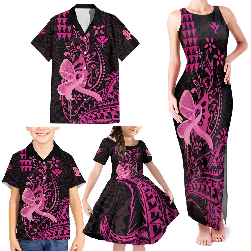 Hawaii Breast Cancer Family Matching Tank Maxi Dress and Hawaiian Shirt Girl Floral Kakau Pattern