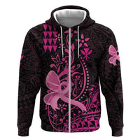 Hawaii Breast Cancer Hoodie Girl Floral Kakau Pattern LT01 Zip Hoodie Pink - Polynesian Pride