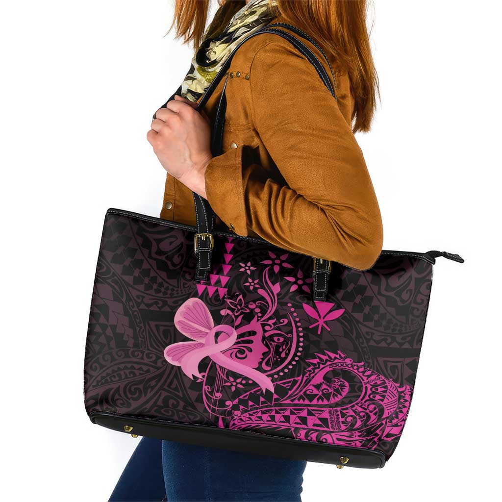Hawaii Breast Cancer Leather Tote Bag Girl Floral Kakau Pattern LT01 Pink - Polynesian Pride