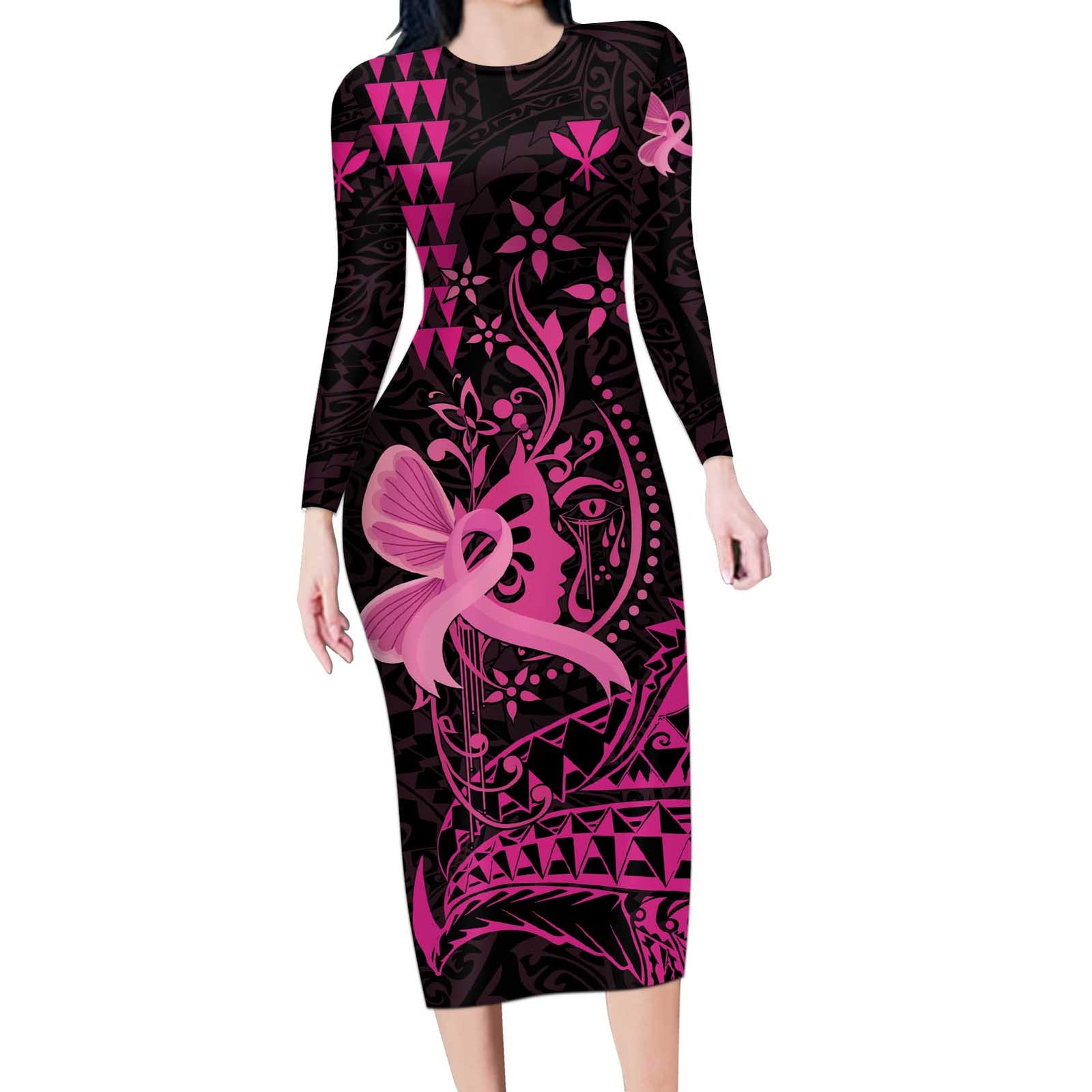 Hawaii Breast Cancer Long Sleeve Bodycon Dress Girl Floral Kakau Pattern LT01 Long Dress Pink - Polynesian Pride