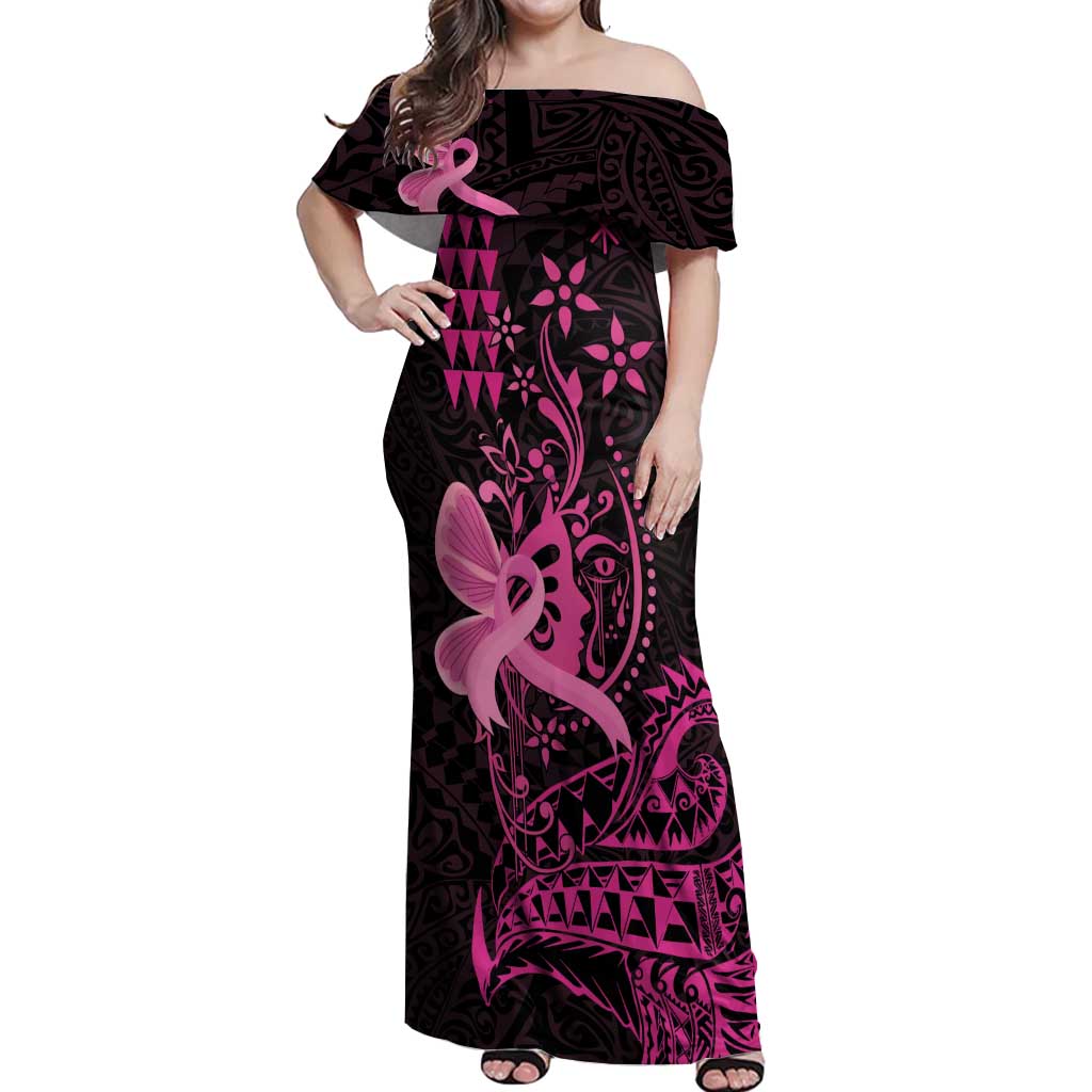 Hawaii Breast Cancer Off Shoulder Maxi Dress Girl Floral Kakau Pattern LT01 Women Pink - Polynesian Pride