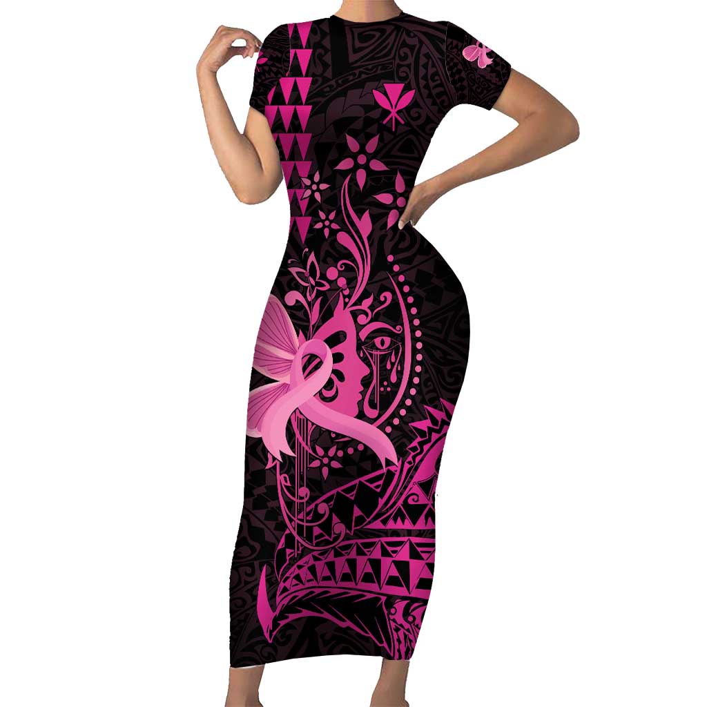 Hawaii Breast Cancer Short Sleeve Bodycon Dress Girl Floral Kakau Pattern LT01 Long Dress Pink - Polynesian Pride
