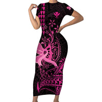 Hawaii Breast Cancer Short Sleeve Bodycon Dress Girl Floral Kakau Pattern LT01 Long Dress Pink - Polynesian Pride