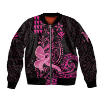 Hawaii Breast Cancer Sleeve Zip Bomber Jacket Girl Floral Kakau Pattern LT01 Unisex Pink - Polynesian Pride