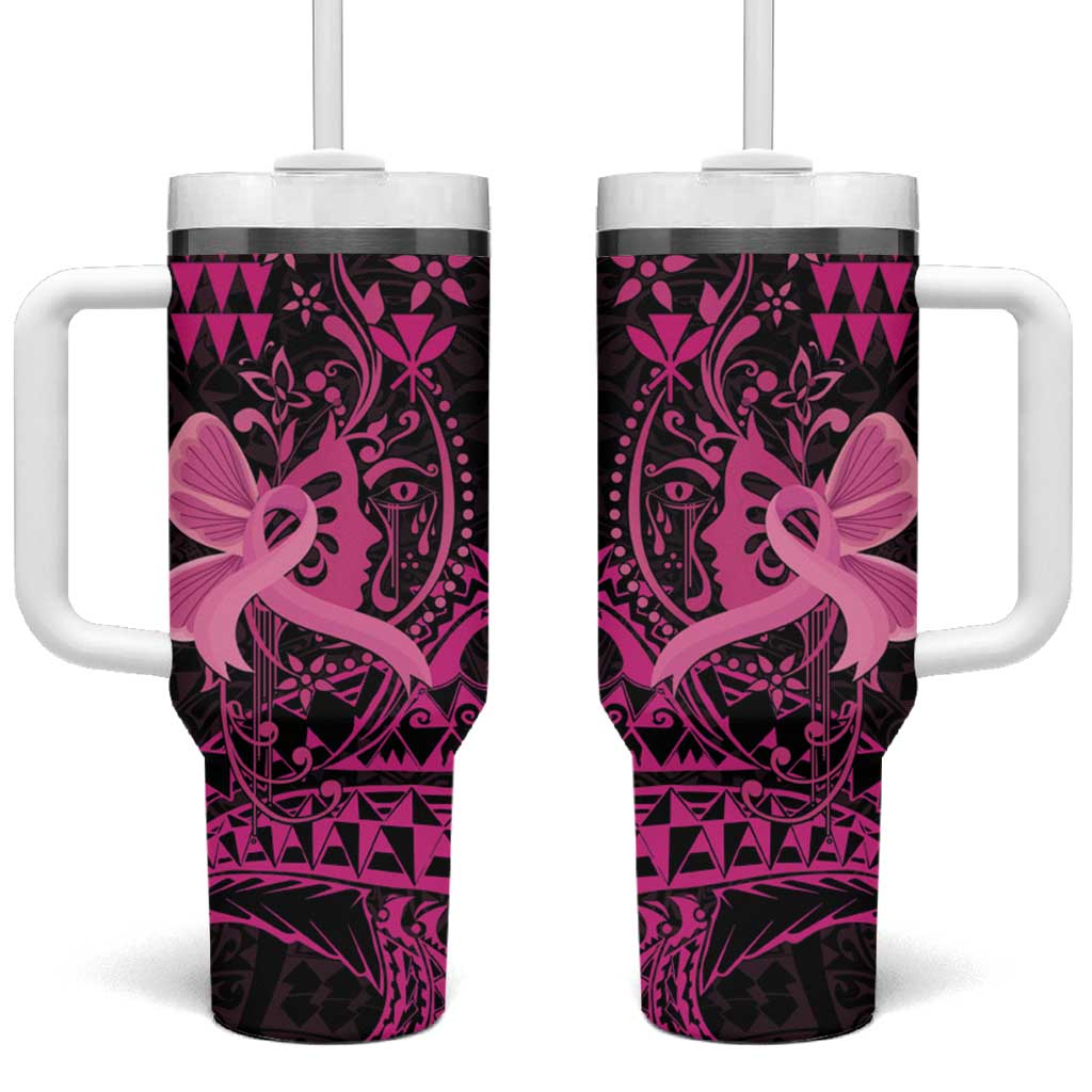 Hawaii Breast Cancer Tumbler With Handle Girl Floral Kakau Pattern LT01 One Size: 40 oz Pink - Polynesian Pride