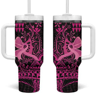 Hawaii Breast Cancer Tumbler With Handle Girl Floral Kakau Pattern LT01 One Size: 40 oz Pink - Polynesian Pride