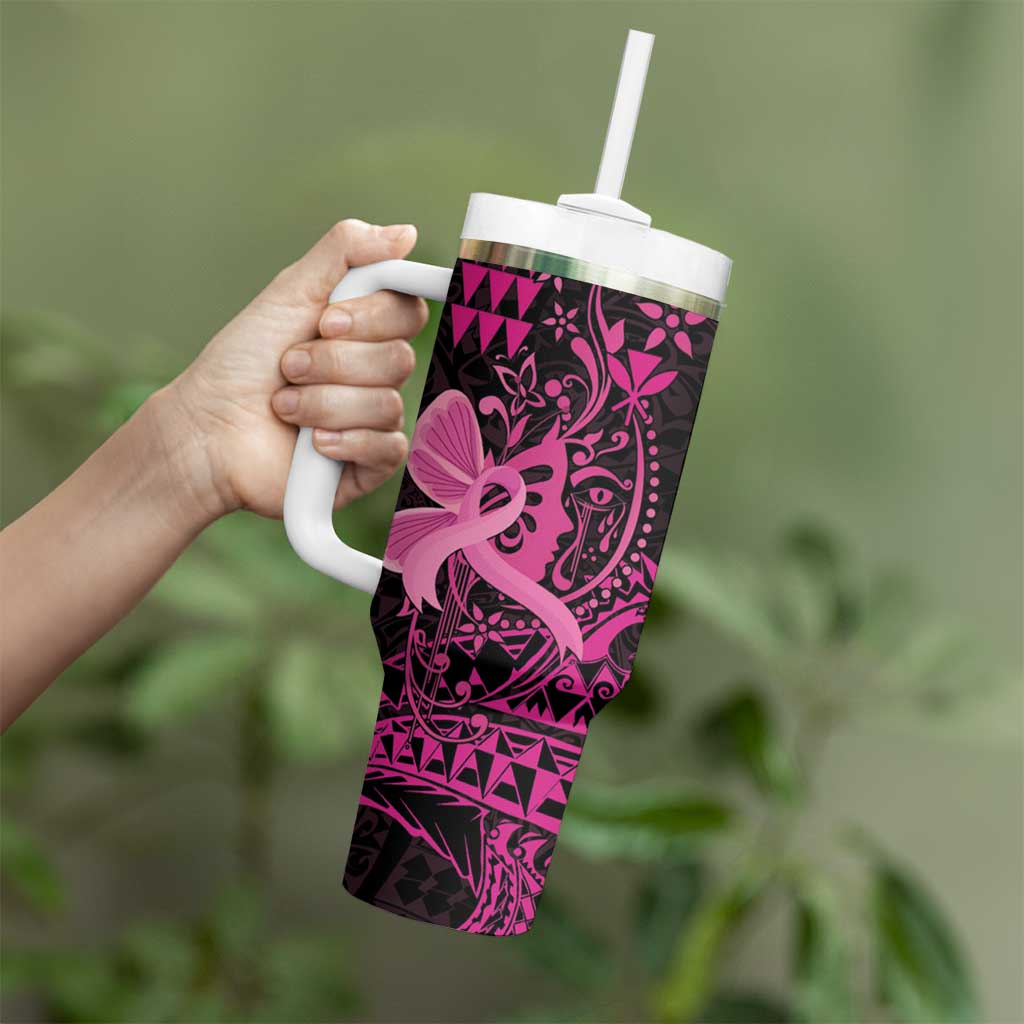 Hawaii Breast Cancer Tumbler With Handle Girl Floral Kakau Pattern LT01 - Polynesian Pride
