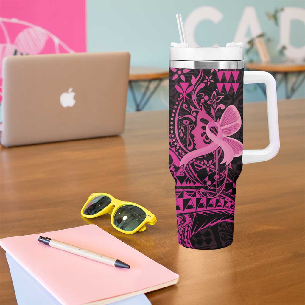 Hawaii Breast Cancer Tumbler With Handle Girl Floral Kakau Pattern LT01 - Polynesian Pride