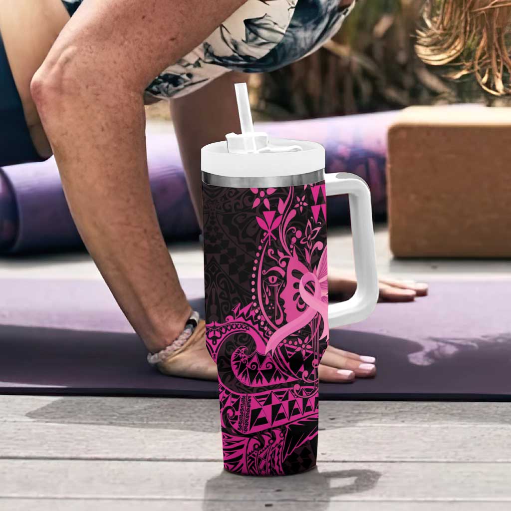Hawaii Breast Cancer Tumbler With Handle Girl Floral Kakau Pattern LT01 - Polynesian Pride