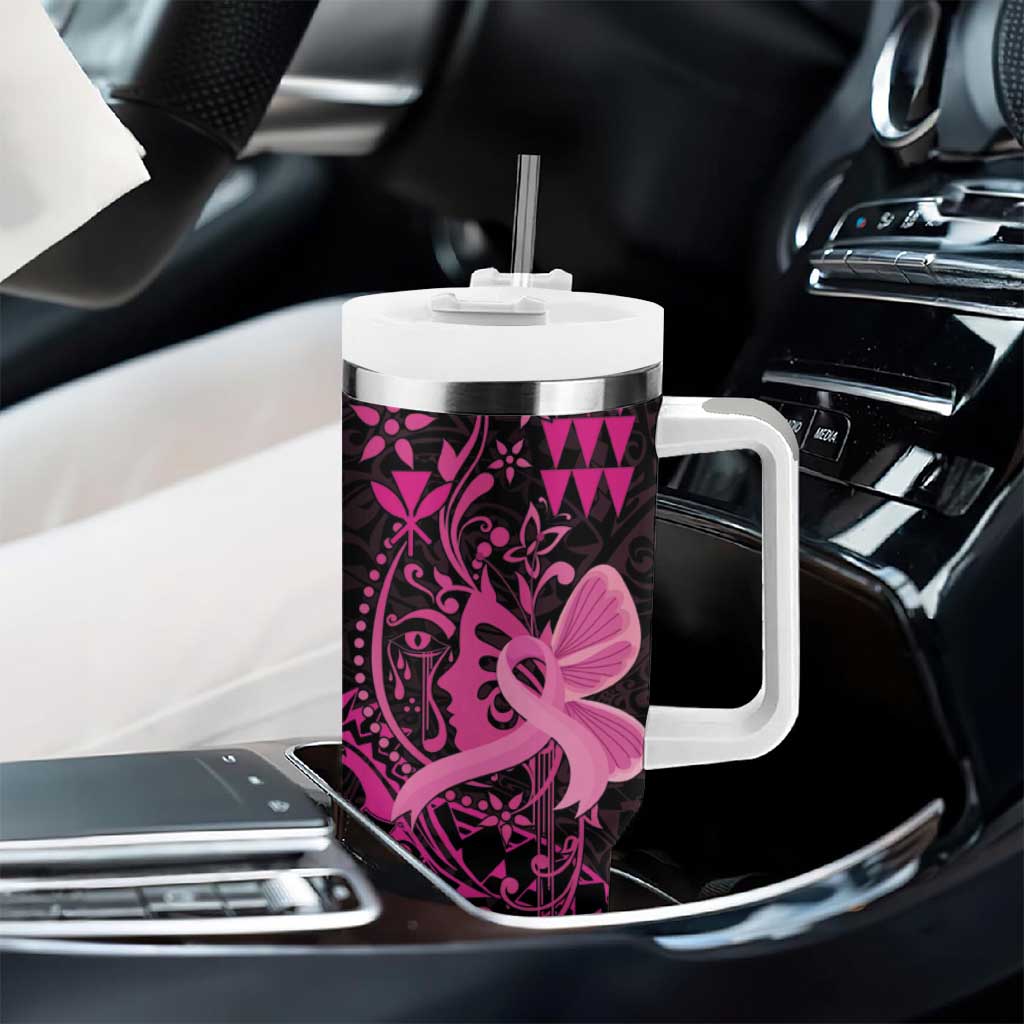 Hawaii Breast Cancer Tumbler With Handle Girl Floral Kakau Pattern LT01 - Polynesian Pride