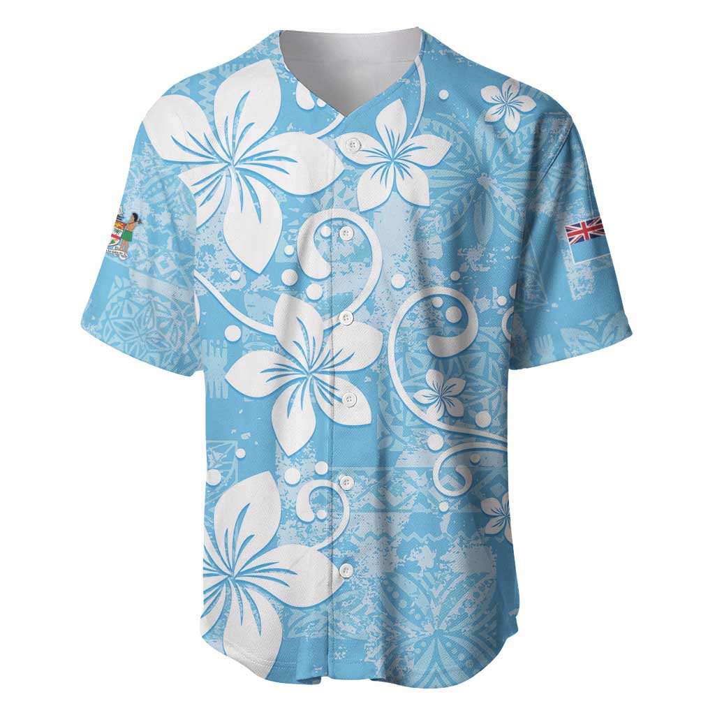 Fiji Tapa Pattern Baseball Jersey Plumeria Floral LT01 Blue - Polynesian Pride