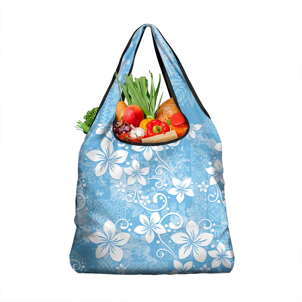 Fiji Tapa Pattern Grocery Bag Plumeria Floral LT01 1-pack One Size Blue - Polynesian Pride
