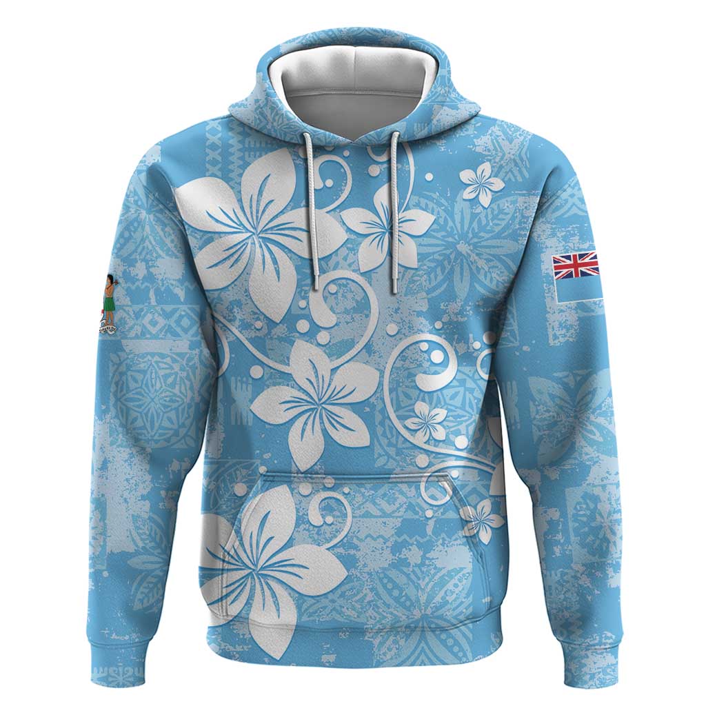 Fiji Tapa Pattern Hoodie Plumeria Floral LT01 Pullover Hoodie Blue - Polynesian Pride