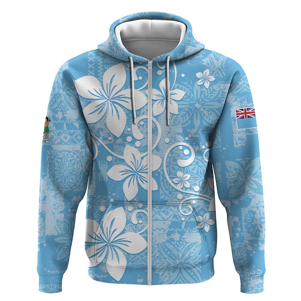 Fiji Tapa Pattern Hoodie Plumeria Floral LT01 Zip Hoodie Blue - Polynesian Pride