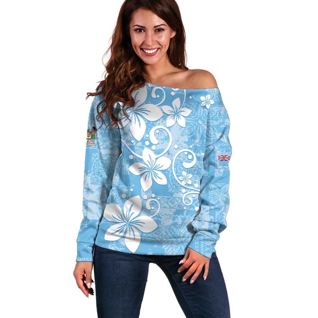 Fiji Tapa Pattern Off Shoulder Sweater Plumeria Floral LT01 Women Blue - Polynesian Pride