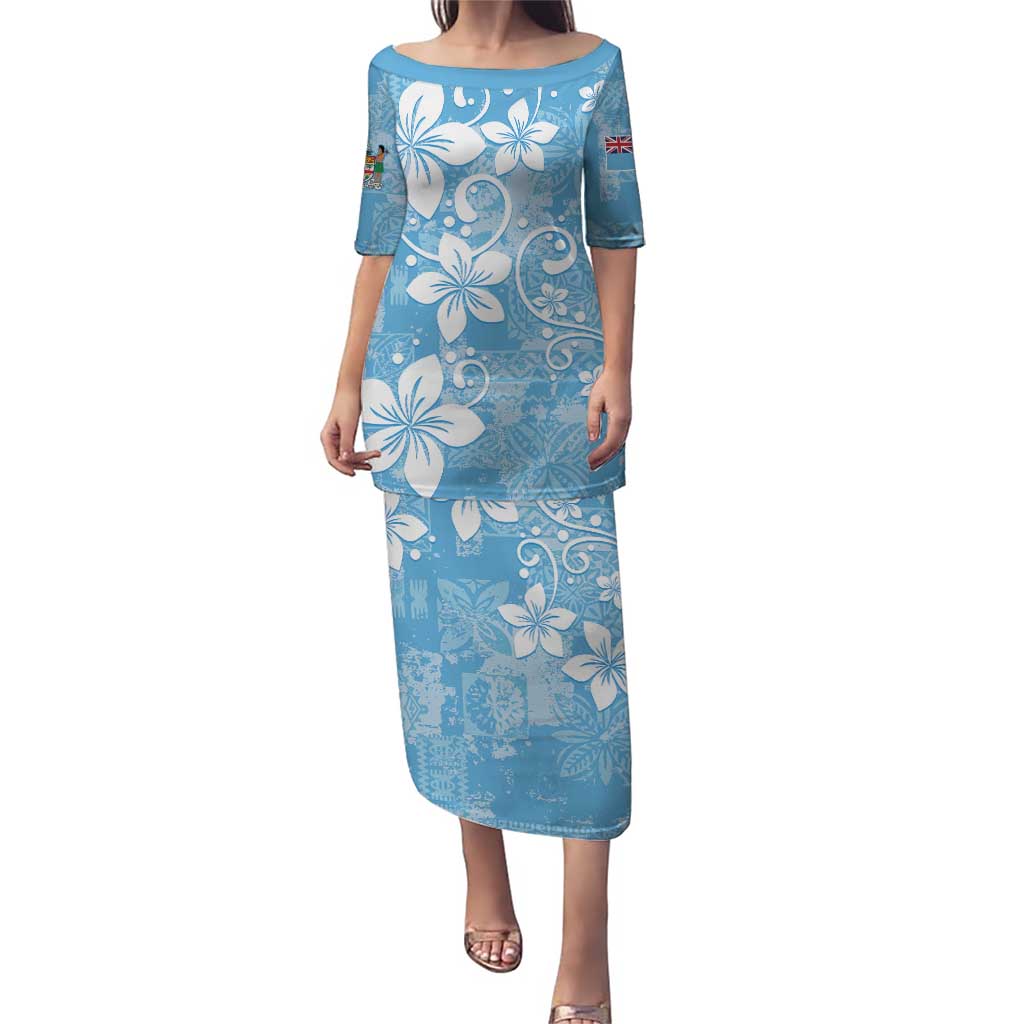 Fiji Tapa Pattern Puletasi Plumeria Floral LT01 Long Dress Blue - Polynesian Pride