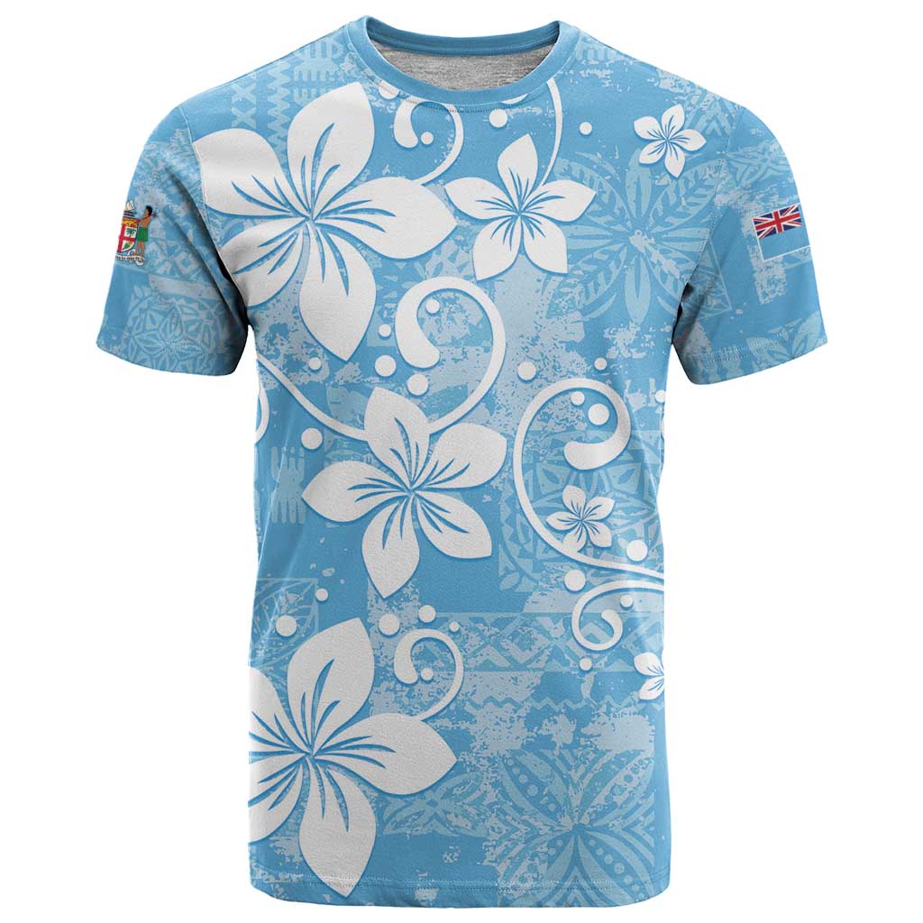 Fiji Tapa Pattern T Shirt Plumeria Floral LT01 Blue - Polynesian Pride