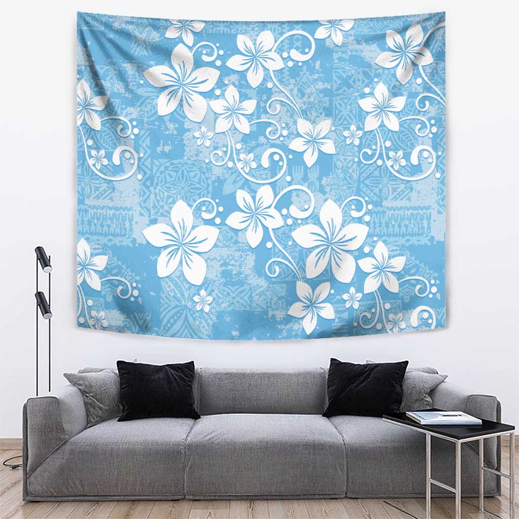 Fiji Tapa Pattern Tapestry Plumeria Floral LT01 Blue - Polynesian Pride