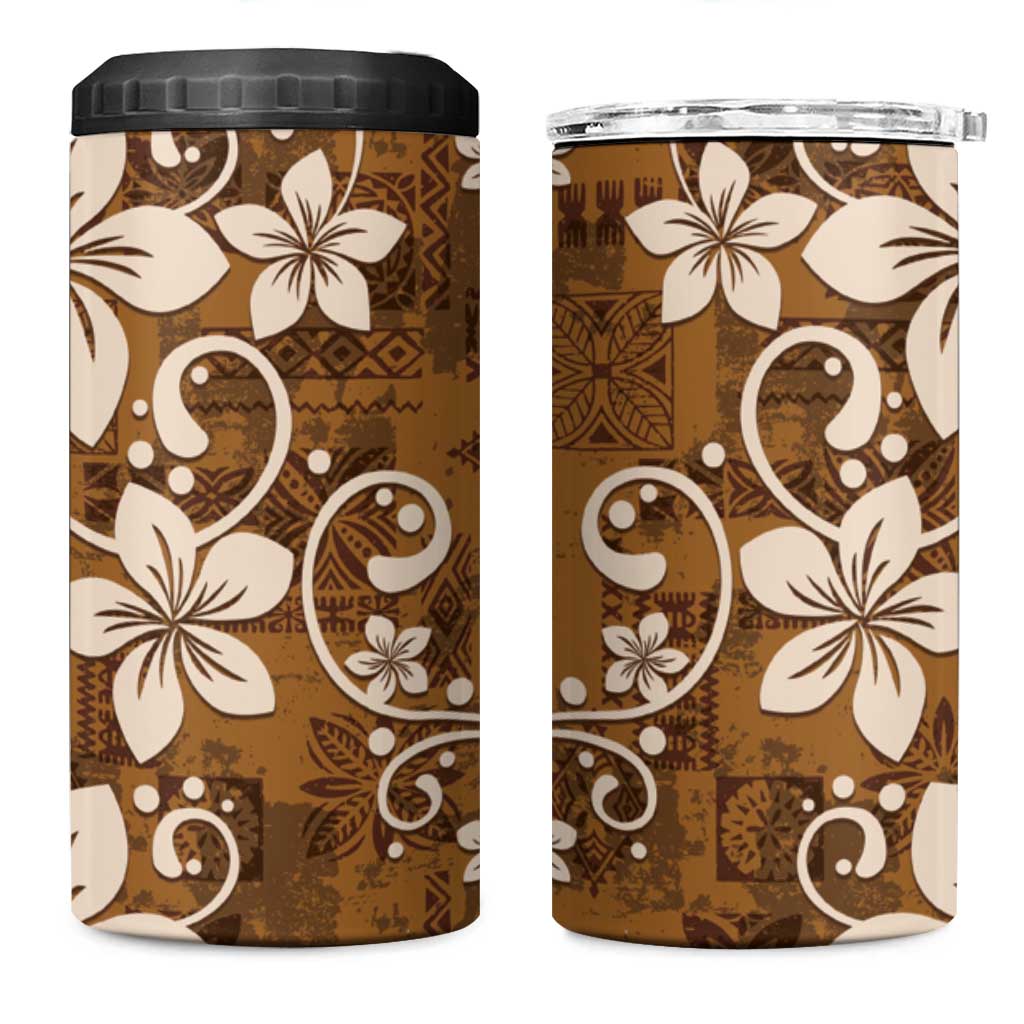 Plumeria Floral Tapa Pattern Vintage Gold 4 in 1 Can Cooler Tumbler LT01 One Size: 16 oz Gold - Polynesian Pride