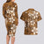 Plumeria Floral Tapa Pattern Vintage Gold Couples Matching Long Sleeve Bodycon Dress and Hawaiian Shirt